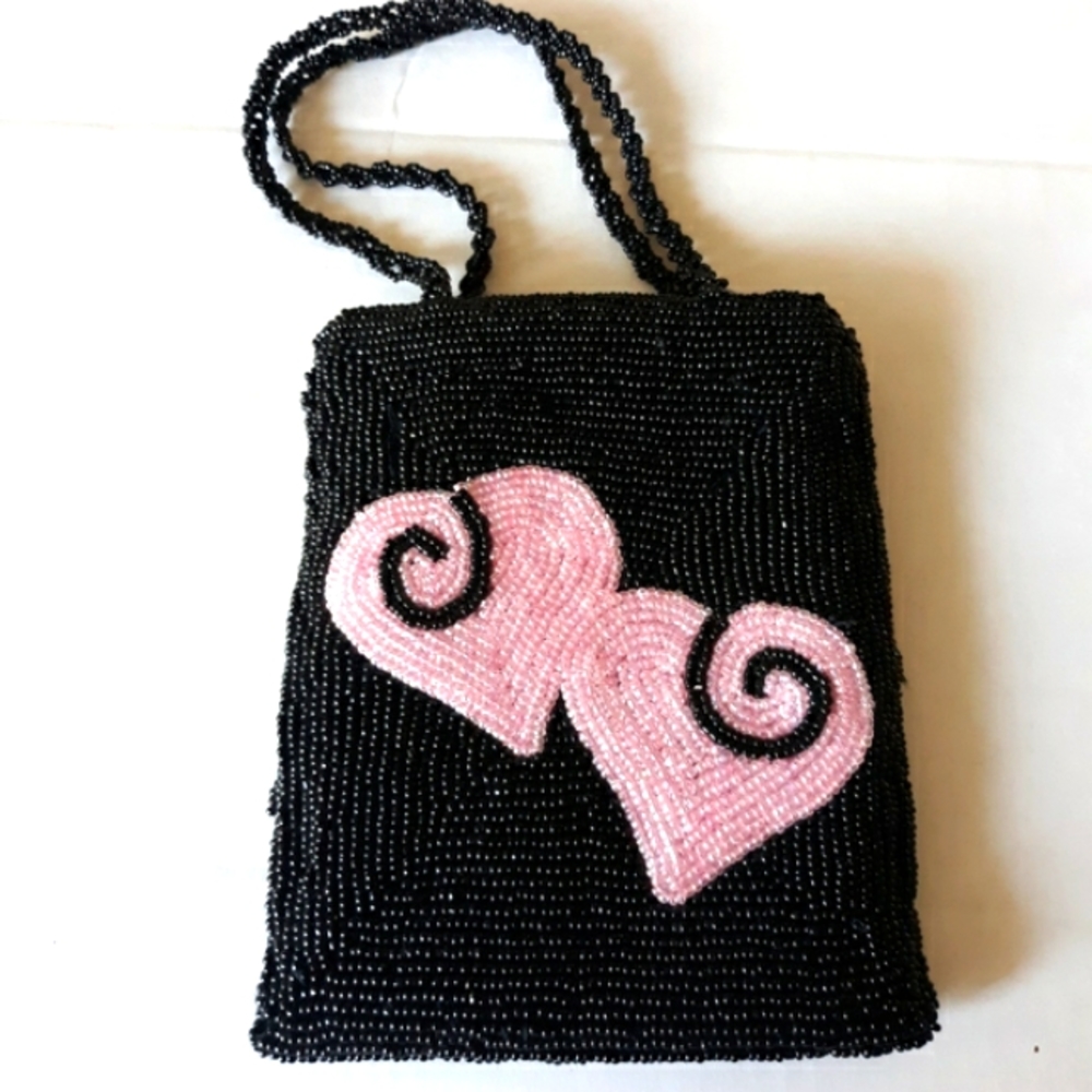 NEW GANZ WOMEN'S BEADED PURSE HANDBAG SMALL BLACK 6" LONG